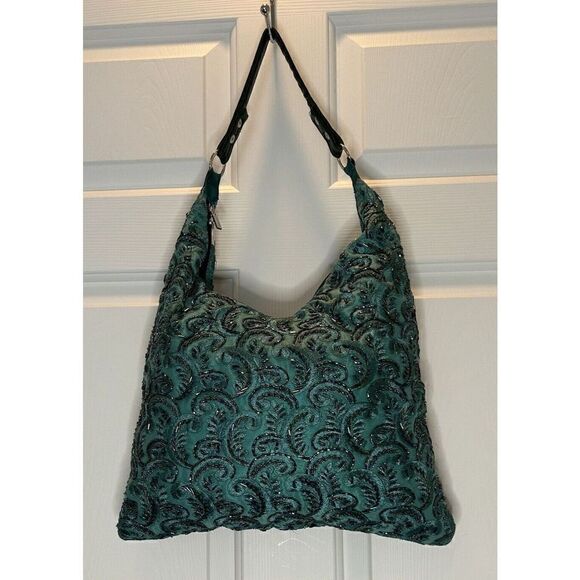Green Beaded Embroidered Paisley Evening Bag Interchangeable Straps - Picture 2 of 8